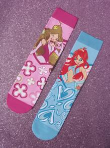 The Winx X SHEIN 3 paia di calze a mezza gamba da donna con motivi asimmetrici a cartoni animati, calze a righe magiche morbide e traspiranti con punta e tallone rinforzati, versatili per tutte le stagioni