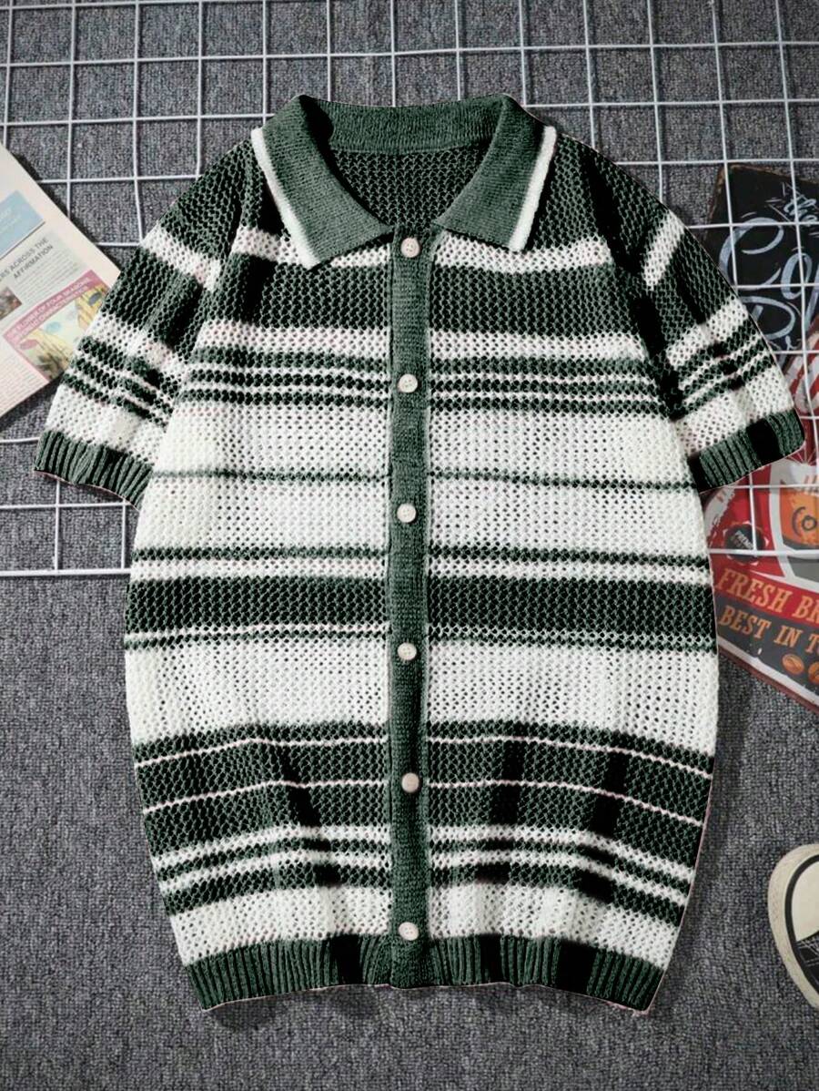 Manfinity Hypemode Men's Simple & Fashion Knitted Sweater, Suitable For Summer Knitted Men Shirt - Dark Green - View 1