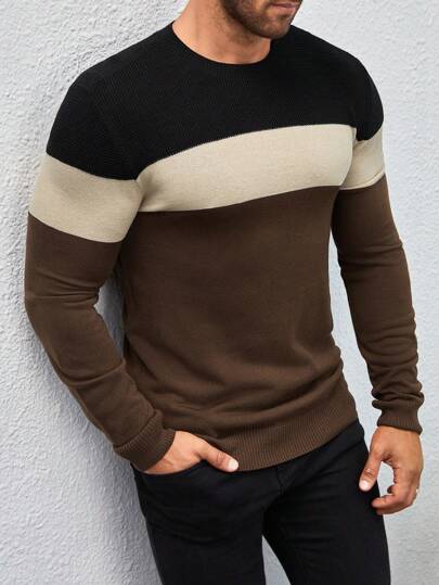 Manfinity Mode Men's Contrast Color Round Neck Long Sleeve Casual Sweater For Autumn/Winter Pullover Sweater, Men Knit Sweater, Men Color Block Sweater, Men's Sweater