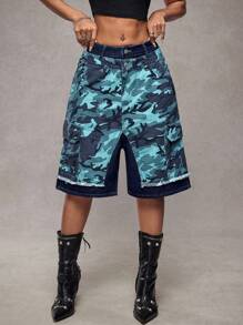 SHEIN ICON Short en jean mi-longueur style patchwork camouflage taille basse - Jean bleu - Voir 3