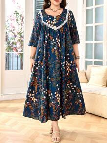 Lacomfia Plus Size Women's Floral Print Long Lantern Sleeve Ruffled Hem Arabic Style Dress Fall - Multicolor - View 5