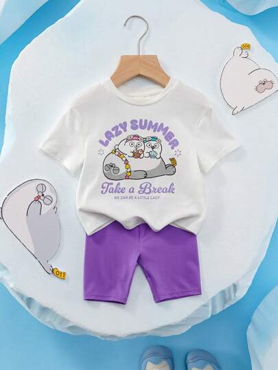 SEALOOK X SHEIN Conjunto de 2 piezas de niña bebé con camiseta de manga corta casual y versátil con estampado de foca de dibujos animados en blanco y shorts morados divertidos