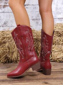 Styleloop 女士新款刺绣西部靴，时尚个性化刺绣粗跟中筒靴，波西米亚风格，美式复古，波西米亚风，西部音乐节，派对，圣诞节，万圣节服装 - 紅色 - 查看 4