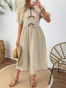 SHEIN LUNE Đầm midi ôm sát thanh lịch mùa hè dành cho nữ, có chi tiết thắt eo giúp thon gọn, điểm nhấn nơ, kiểu dáng thường ngày. - Màu be - Xem 5