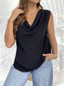 SHEIN Essnce Chemise sans manches noire ample et confortable pour femmes grandes tailles, style printemps/été, style minimaliste, pour le bureau, le travail, le style "old money", les sorties. Blouse ample pour grandes tailles, style européen été, tenue casual chic pour femmes.