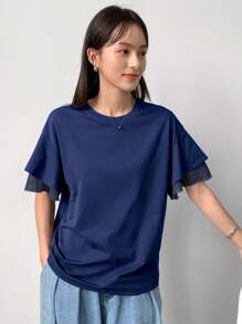 FRIFUL 女式夏季宽松休闲T恤，圆领落肩短袖，荷叶边 - 藏蓝色 - 查看 4