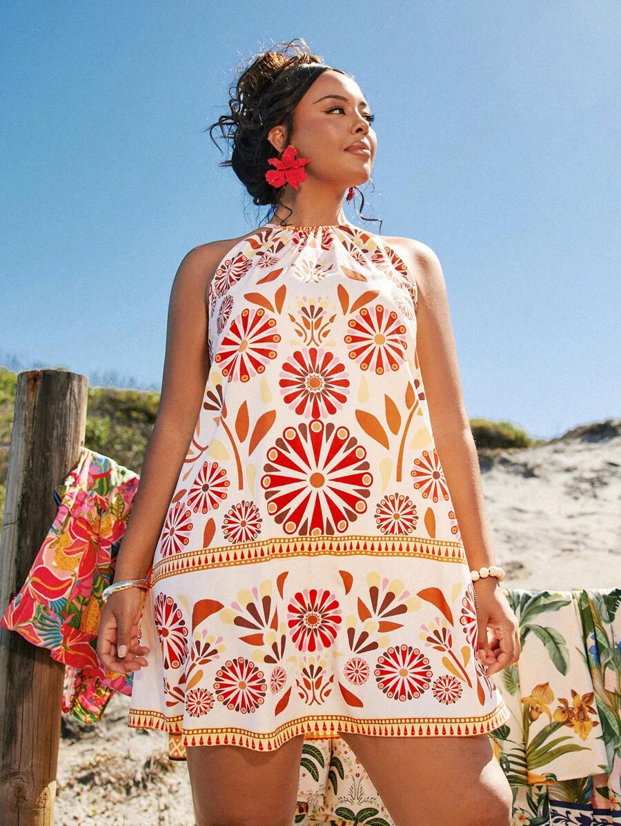 Travachic Plus Size Full Print Summer Casual Sleeveless Halter Dress - Pink - View 1