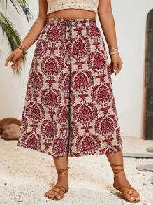 SHEIN VCAY Quần lửng ống rộng họa tiết hoa, kiểu dáng thường ngày, thắt eo, thích hợp cho kỳ nghỉ, dành cho nữ cỡ lớn. - Màu Đỏ Sâu - Xem 3