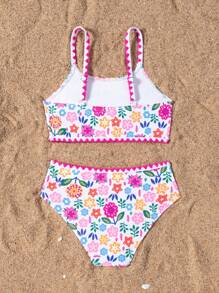 SHEIN 2pcs/Set Young Girl Cute Floral Print Ruffled Hem Bikini Swimwear Set, Spring/Summer Summer Holiday - Multicolor - View 2