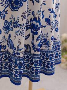 Dreamara Plus Size Women Sleeveless Halter Waist Floral Print Maxi Dress, Beach Vacation, Spring & Autumn - Blue and White - View 4