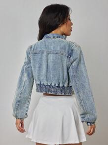 SHEIN ICON 女式长袖拉链休闲高街牛仔短款夹克 - 淺色水洗藍 - 查看 2