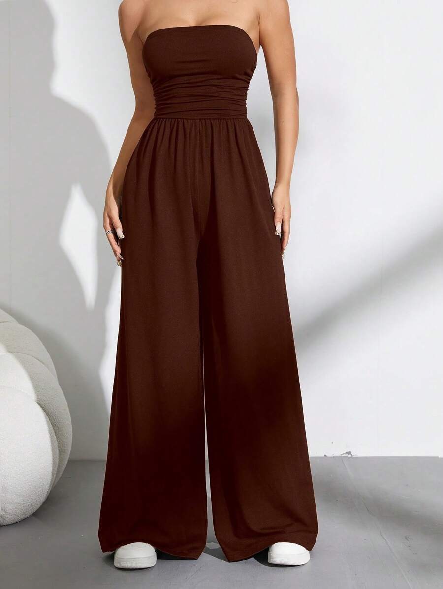SHEIN Unity Bộ đồ liền thân ống rộng xếp ly màu trơn đơn giản - màu nâu - Xem 1