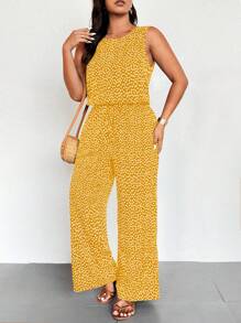SHEIN LUNE Spring Summer Holiday Round Neck Sleeveless Elasticated Waist Ditsy Floral Jumpsuit - Yellow - View 3