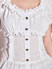 ROMWE Fairycore Women's Retro Cottagecore Eyelet Embroidery Fabric Puff Sleeve Ruffle Hem Blouse - White - View 2
