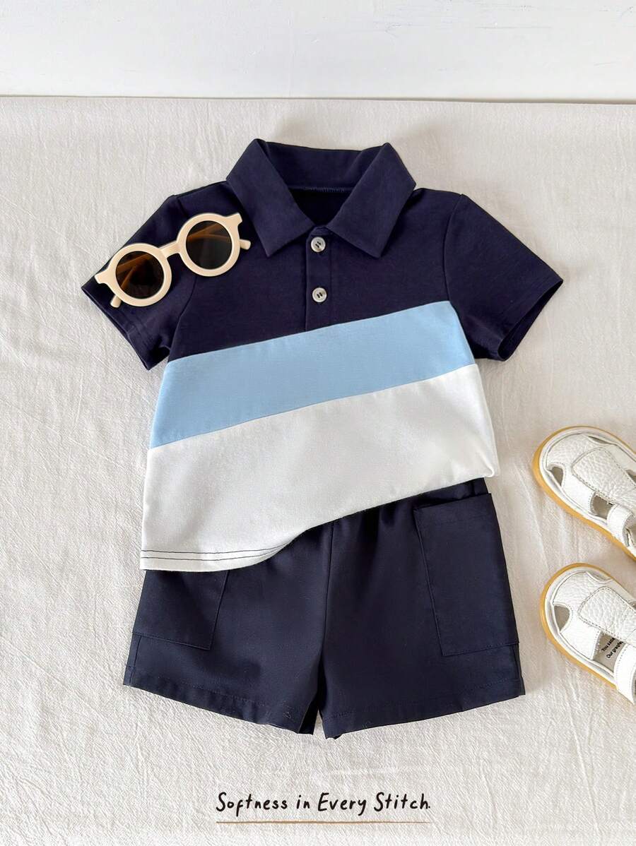 Cozy Pixies 2pcs Baby Boy Soft Contrast Knitted Short Sleeve Pullover Top And Elastic Waist Shorts Set - Multicolor - View 1