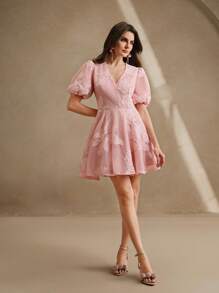 Anewsta Elegant Embroidered Lace Floral Gathered Waist Short Dress, Boho Style, Suitable For Spring And Summer - Baby Pink - View 7