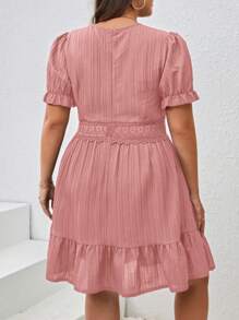 SHEIN VCAY Plus Size Lace Patchwork Puff Sleeve Summer Dress,Sun Dresses For Women - Baby Pink - View 2