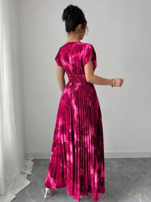 Elenzga Women's Random Printed Elegant Waistband Fitted Pleated Dress, Fashionable Holiday Style - Pink - View 2