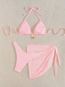 Swim Mod 3pcs/Set Pink Hollow Out Net Fabric Seashell Pendant Pink Bikini Swimsuit, Triangle Net Skirt, Halter Strap, Vacation Style For Summer - Pink - View 7