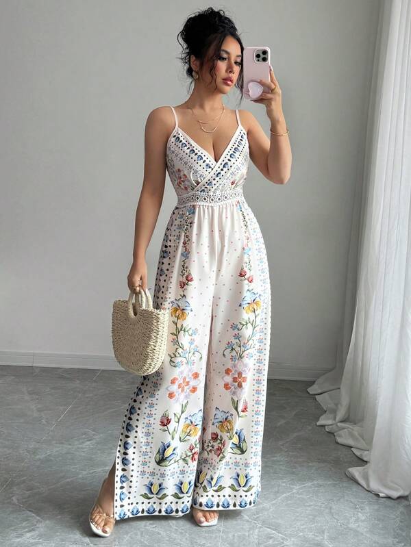 Breezaya Mono elegante con piernas anchas y cintura de encaje para mujer