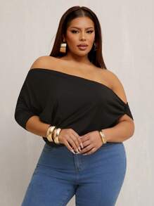 SHEIN X Phaith Montoya SHEIN SXY Blusa de hombros descubiertos elegante y sexy para mujer de talla grande, apta para uso diario - Negro - Ver 8