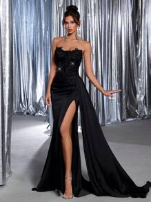 Glamrae Elegante y hermoso vestido de fiesta con encaje rojo con lentejuelas, sección de cintura retorcida, abertura sexy con cola de sirena con cinta, adecuado para citas, fiestas, ceremonias de graduación, ocasiones formales, cenas, bodas, Día de San Valentín - Negro - Ver 4