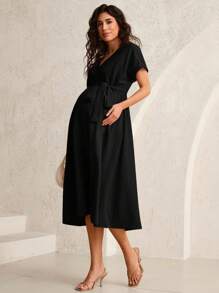 MaterniWear Elegant Black Maternity Midi Dress: V-Neck, Short Sleeve, Wrap Style, Flared Hem, Woven Fabric - Black - View 4