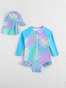 Infant/Toddler Girls Ombre Mermaid Scale Print Ruffled Long Sleeve One-Piece Swimsuit With Random Print And Ruffled Trim (Includes Hat) - Multicolor - View 5
