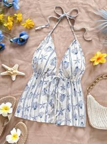 Soleia Women's Casual Vacation, Western, Beach, Wedding Guest, Graduation, Brunch, St. Patrick's Day, Spring Break, Easter, Music Festival Elegant Bohemian, Tropical, Backless, Ocean Animal, Shell, Bowknot Strap Halter Camisole Top, Spring/Summer - Blue - View 4