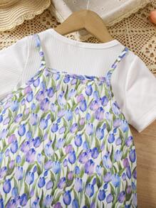 SHEIN 2pcs/Set Young Girls' Solid Color Short Sleeve T-Shirt & Floral Print Cami Dress