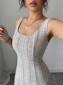 Elenzga 女士夏季格子圆领无袖优雅连衣裙新年衣服 - 彩色 - 查看 6