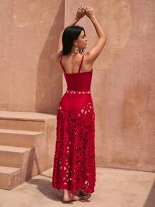 Swim Oasis Summer New Red Laser Cut Hollow Out Sexy Backless Women One Piece Swimsuit Skirt Set, High-End Fashion One Piece Swimsuit - Red - View 3