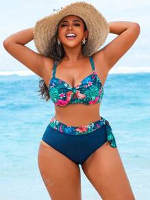 Swim Lushoire Set de 2 piezas de traje de baño de talla grande para mujer con parte superior asimétrica de volantes y estampado aleatorio de plantas tropicales y calzoncillos de cintura alta, estilo casual diario de resort