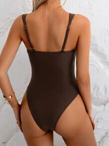 SHEIN Swim 女士纯色高开叉性感连体泳衣，海滩度假 - 棕色 - 查看 2