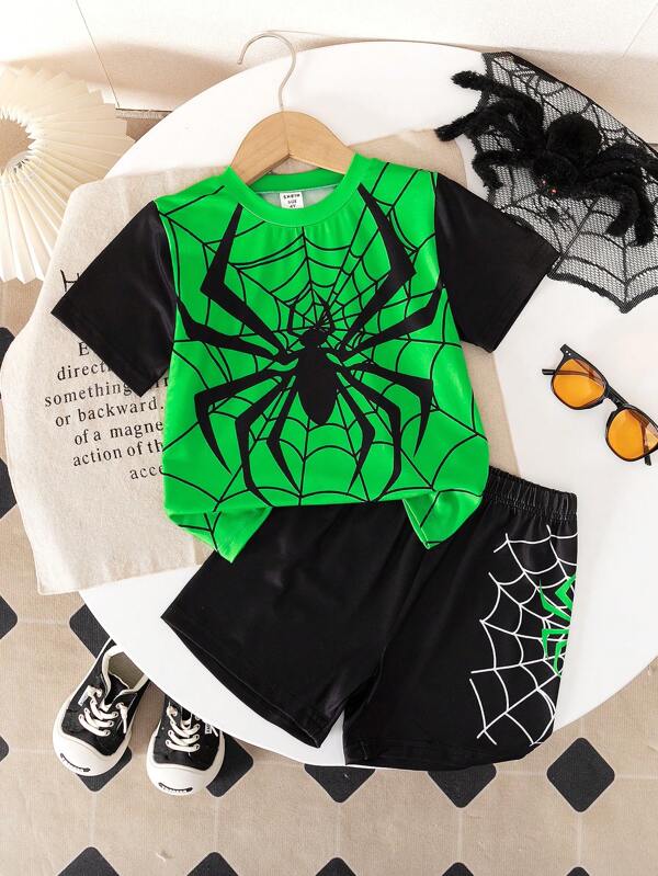 2pcs Young Boy Casual Sports Spider Printed Short Sleeve T-Shirt And Spider Printed Shorts Set, Summer