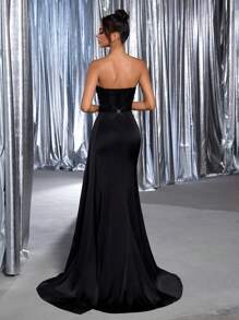 Glamrae Elegante y hermoso vestido de fiesta con encaje rojo con lentejuelas, sección de cintura retorcida, abertura sexy con cola de sirena con cinta, adecuado para citas, fiestas, ceremonias de graduación, ocasiones formales, cenas, bodas, Día de San Valentín - Negro - Ver 5