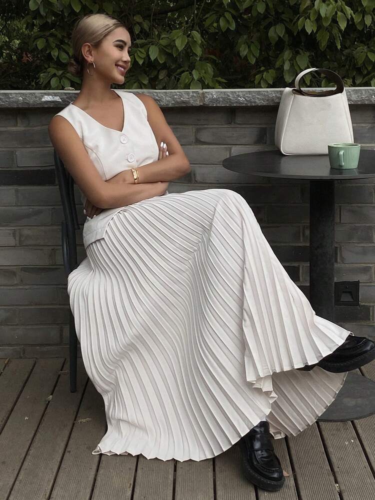 Women's Spring/Summer Elegant Vest & Pleated Skirt 2Pcs Sets