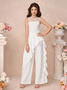 SHEIN Pitira Teen Girl White Solid Color Stitching Lace Backless See-Through Elegant Sweet Ruffle Jumpsuit, Elegant Luster, Suitable For Summer, Parties, Birthday Parties, Career Parties And Bridesmaid Parties
