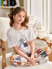 Conjunto de pijama para niñas con estampado de gato y contraste de colores, al estilo Ins - Multicolor - Ver 4