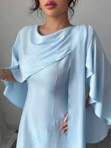 Rafferiza Gaun Panjang Wanita Elegan Berwarna Polos Model Selendang - Biru - View 3
