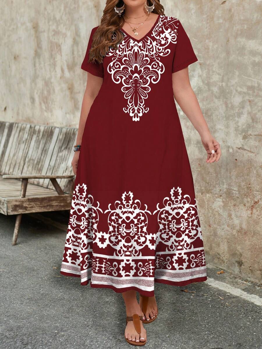 EMERY ROSE 大码女式休闲V领短袖纹理连衣裙，适合夏季 - 彩色 - 查看 1