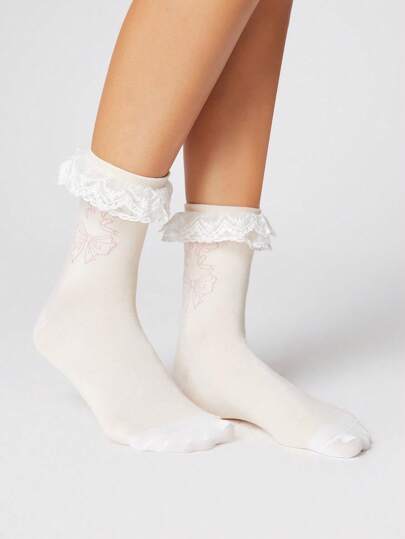 Kawaii 1 Pair Cute Pink Bow Detail Comfortable Mid-Calf Socks For Women