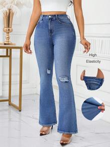 SHEIN Lady Damen Casual Skinny Distressed Flare Jeans, Blaue hohe Taille Jeans Damen Jeans hohe Taille Petite Jeans für Damen Plus Jeans für Damen Jeans Damen hohe Taille Sommerhose hohe Taille Jeans Flare Jeans Büro-Outfits für Damen Arbeitskleidung Damen Festival-Outfits für Damen Flare Jeans Business-Kleidung Damen Europäischer Sommer