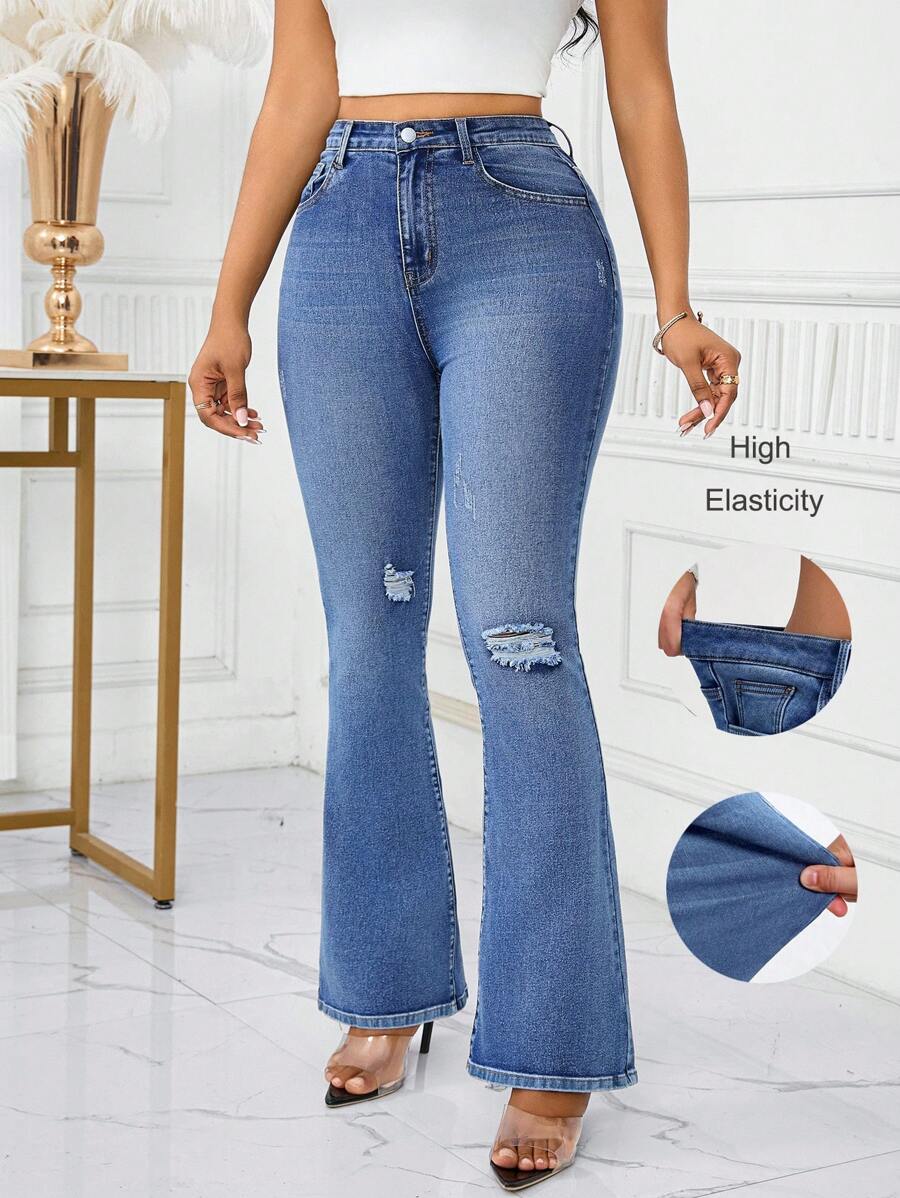 SHEIN Lady Damen Casual Skinny Distressed Flare Jeans, Blaue hohe Taille Jeans Damen Jeans hohe Taille Petite Jeans für Damen Plus Jeans für Damen Jeans Damen hohe Taille Sommerhose hohe Taille Jeans Flare Jeans Büro-Outfits für Damen Arbeitskleidung Damen Festival-Outfits für Damen Flare Jeans Business-Kleidung Damen Europäischer Sommer