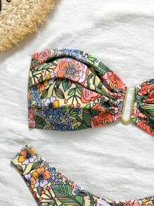 Swim Vcay Women's Two Pieces Tropical Print Bandeau Bikini Set Set With Metal Decor, Casual Resort Bikini For Summer Beach Vacation - Multicolor - View 3