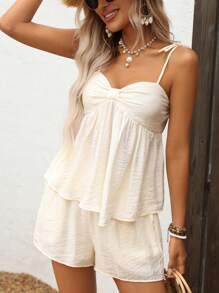 Breezaya 2pcs/Set Women Solid Color Casual Everyday Spaghetti Strap Camisole And Shorts Set, Spring/Summer - Apricot - View 5