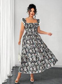SHEIN Clasi Kleid in Große Größen mit V-Ausschnitt, geraffter Taille, ausgestelltem Saum und Spitzen-Schulterdetails, kleines Blumenmuster, geeignet für Urlaub, Ausflüge, Partys, Dates - Verschiedenfarbig - Übersicht 7