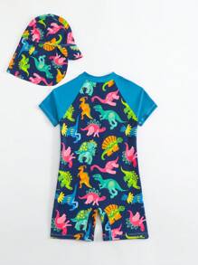 Traje de baño infantil de una pieza con cierre y estampado de dinosaurio de dibujos animados para niños pequeños, incluyendo gorro (Set de 2 piezas para niños pequeños - Traje de baño para jóvenes, ropa de natación para niños)