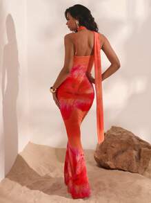 Opulessa Robe moulante à bretelles fines avec motif floral pour femmes - Corail - Voir 2