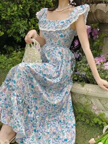 DAZY Women's Mid-Length Lace Trim Cap Sleeve Summer Dress, Suitable For Valentine's Day Vacation Outfits Women Floral - Blue - View 2